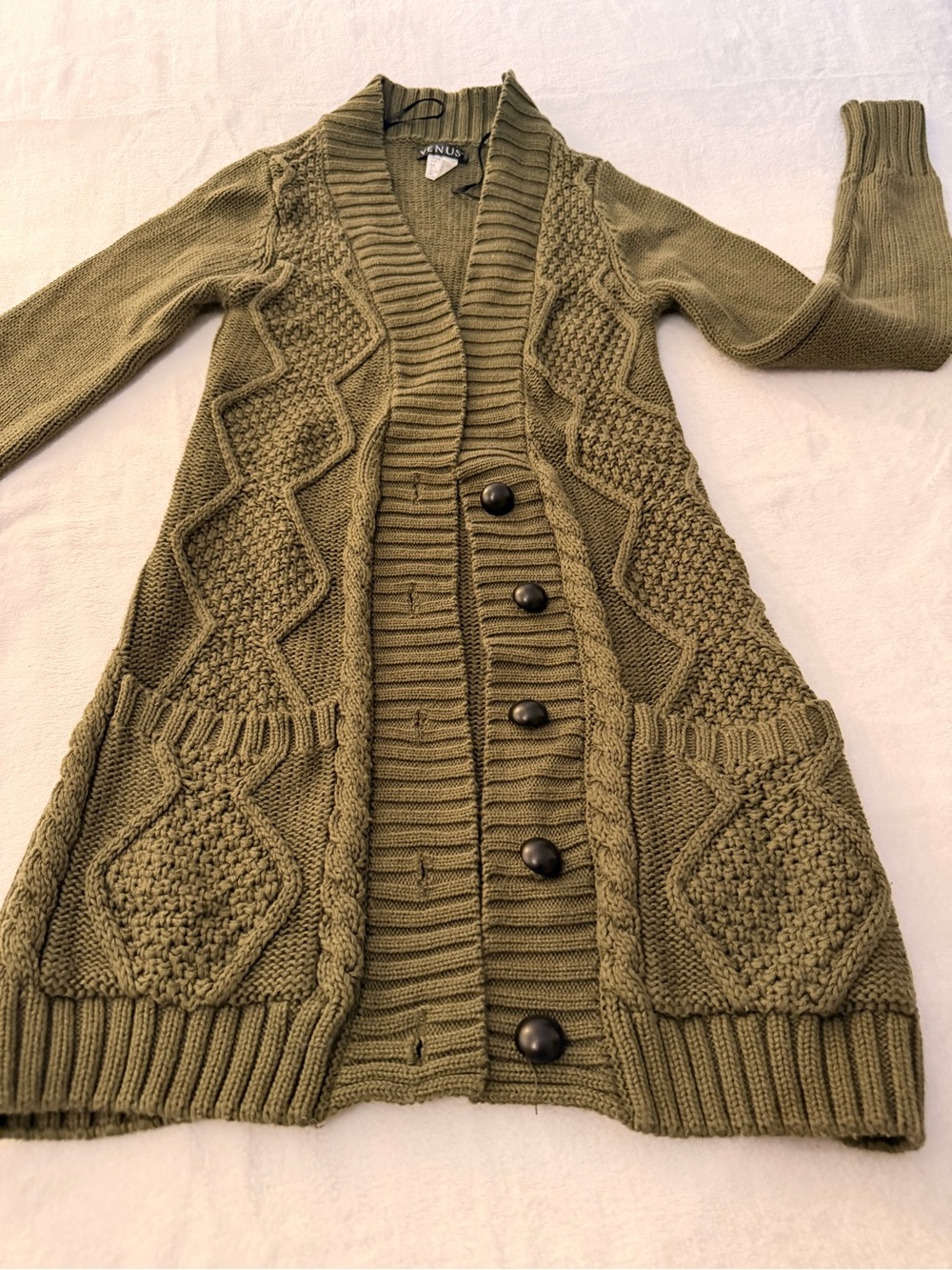 VENUS Olive Green Cable Knit Long Cardigan Sweater size: XS
